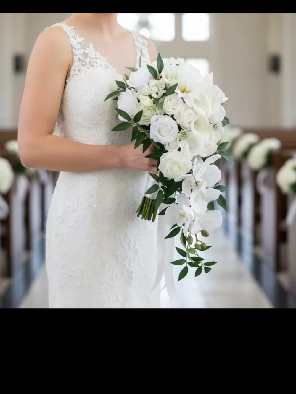 Bridal White Cascading Faux Bouquet with Greenery